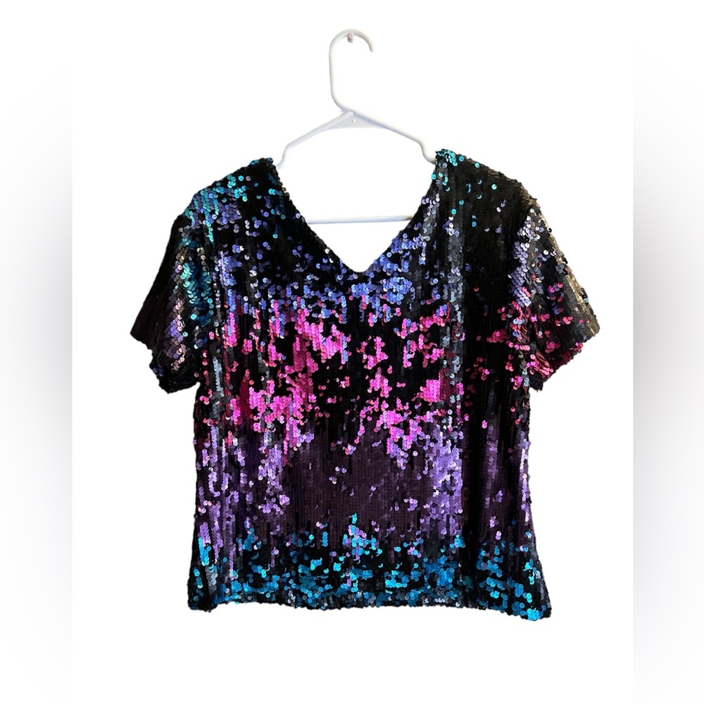 Venus Sequin Shirt Women Size 6 Black Multi Dual Direction Multicolor V Neck